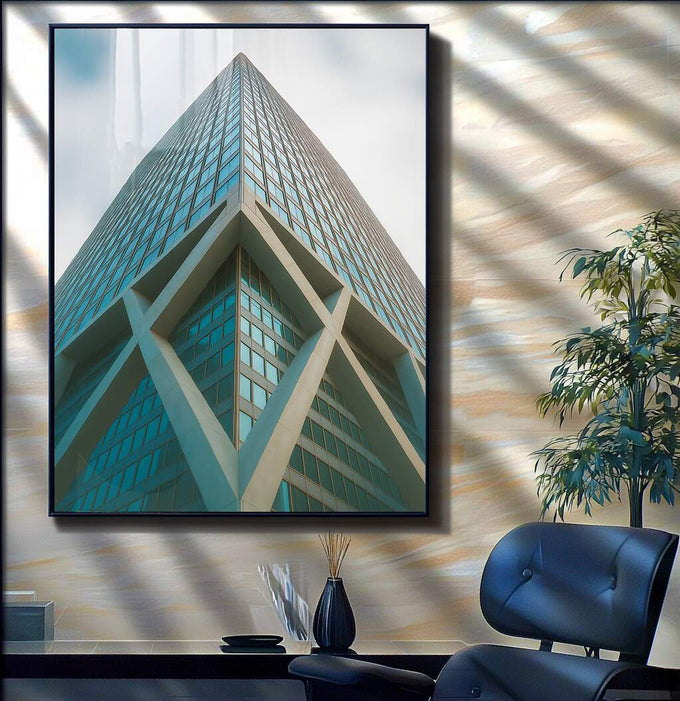 Quadro Decorativo Reflexos do Futuro Imponente | quadros decorativos para sala | Edifício moderno em perspectiva ascendente com fachada azul vidrada e estrutura geométrica branca | Porao dos Quadros