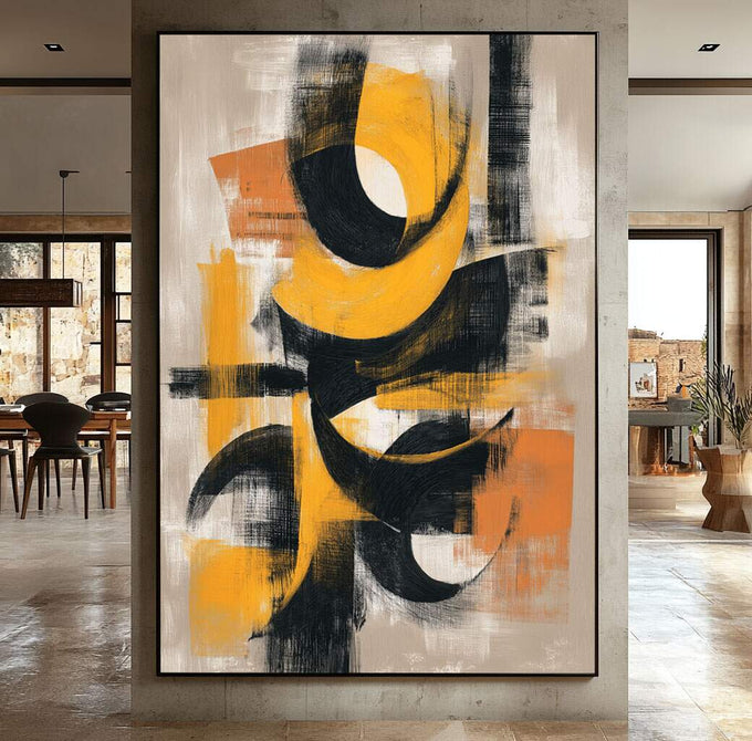 Quadro Decorativo Abstrato Energizante | quadros decorativos para sala | Composição abstrata com círculos e formas geométricas em amarelo, preto e branco com textura dinâmica | Porao dos Quadros