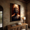 Quadro Decorativo Buda Sereno e Elegante | quadros decorativos para sala | Buda meditando com auréola dourada brilhante e luz mística ao fundo em tons escuros | Porao dos Quadros