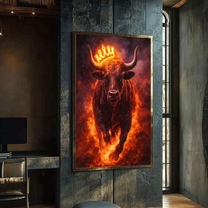 Quadro Decorativo Majestoso do Touro Poderoso | quadros decorativos para sala | Touro em chamas com coroa de neon amarelo brilhante em composição dramática e realista | Porao dos Quadros