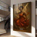 Quadro Decorativo Orixá Iansã: Vento e Coragem | quadros decorativos para sala | Figura feminina em vermelho com raios dourados, borboletas e energia divina em composição realista. | Porao dos Quadros