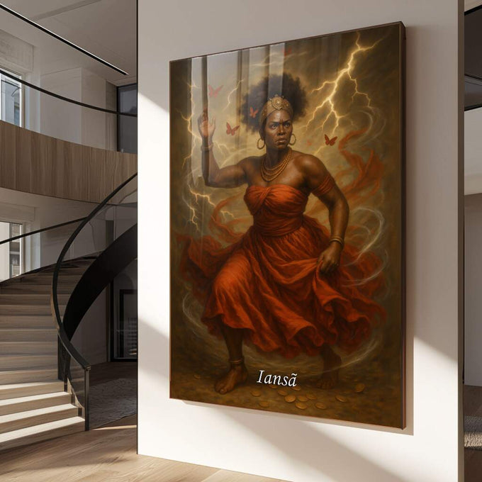 Quadro Decorativo Orixá Iansã: Vento e Coragem | quadros decorativos para sala | Figura feminina em vermelho com raios dourados, borboletas e energia divina em composição realista. | Porao dos Quadros