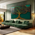 Árvore da vida dourada com galhos rendados em relevo sobre fundo verde esmeralda, quadro decorativo
