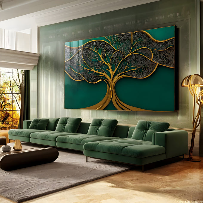Árvore da vida dourada com galhos rendados em relevo sobre fundo verde esmeralda, quadro decorativo