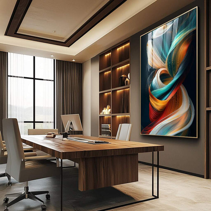 Quadro Decorativo Espiral de Cores | quadros decorativos para sala | Formas abstratas em azul, laranja e vermelho fluem em composição dinâmica e sofisticada | Porao dos Quadros