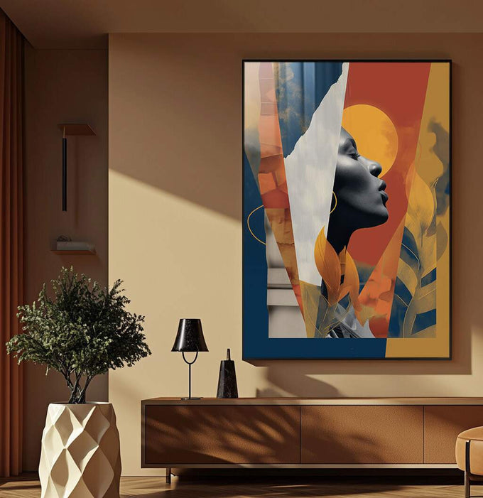 Quadro Decorativo Silhueta da Liberdade | quadros decorativos para sala | Mulher em perfil preto e branco circundada por elementos abstratos em azul, vermelho, amarelo e laranja. | Porao dos Quadros
