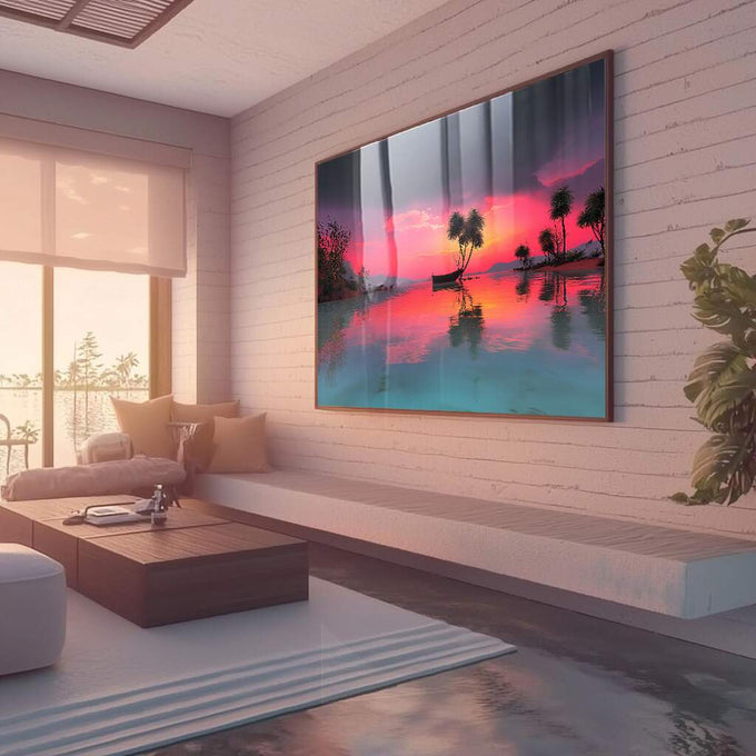 Quadro Decorativo Pôr do Sol Sereno | quadros decorativos para sala | Pôr do sol tropical com barco de madeira e refletidos em água calma | Porao dos Quadros