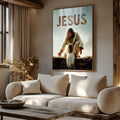 Jesus ajoelhado estendendo as mãos para uma menina, com a palavra Jesus sobre fundo azul, quadro decorativo