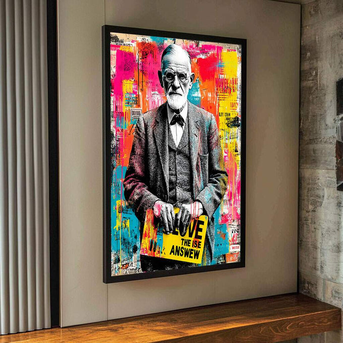 Quadro Decorativo Amor e Sabedoria | quadros decorativos para sala | Retrato em cinza e preto com fundo explosivo em magenta, amarelo, azul e laranja em estilo pop art. | Porao dos Quadros
