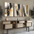 Quadro Decorativo Abstrato Luxo 3 Painéis | quadros decorativos para sala | Três telas abstratas com preto, branco e dourado em composição fluida e elegante | Porao dos Quadros