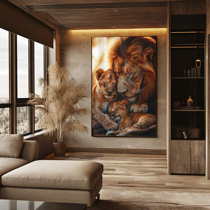Quadro Decorativo Família de Leões Amor e União | quadros decorativos para sala | Leões adultos com filhotes em tons dourados e castanhos em composição realista familiar. | Porao dos Quadros