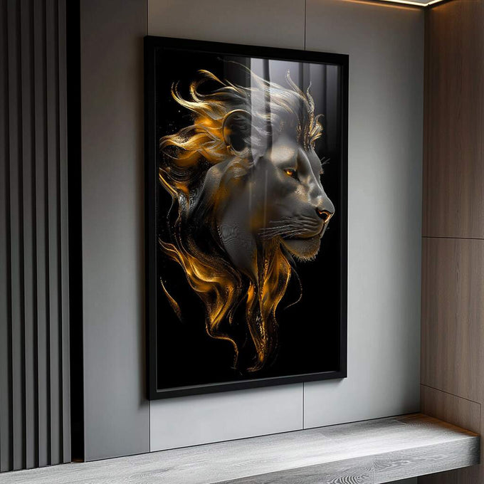 Majestade Dourada - Quadro Decorativo de Leão em Alto Contraste | quadros decorativos para sala | Leão majestoso com juba dourada vibrante contra fundo preto, rosto em branco luminoso. | Porao dos Quadros