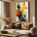 Quadro Decorativo Elegância com Força e Esperança | quadros decorativos para sala | Silhuetas humanas sobrepostas a círculos geométricos laranja, amarelo, verde e azul com pássaro em voo. | Porao dos Quadros