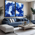 Duas telas abstratas azul e branco com linhas fluidas concêntricas, estilo topográfico, quadro decorativo