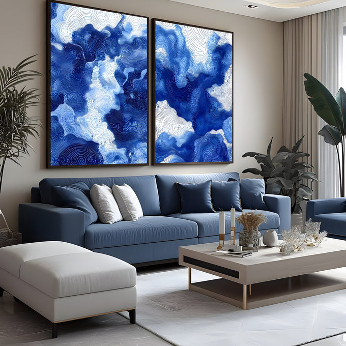 Duas telas abstratas azul e branco com linhas fluidas concêntricas, estilo topográfico, quadro decorativo