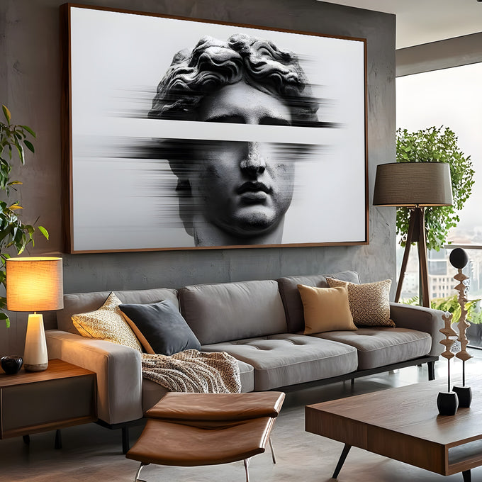Busto de estátua grega com efeito de movimento glitch em preto e branco, quadro decorativo