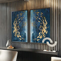 Quadro Decorativo: Oásis Cardume Encantador | quadros decorativos para sala | Cardume de peixes dourados em espiral contra azul marinho texturizado em composição abstrata | Porao dos Quadros