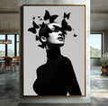 Quadro Decorativo Minimalista com Borboletas | quadros decorativos para sala | Silhueta feminina em preto com borboletas em voo sobre a cabeça em composição vertical. | Porao dos Quadros