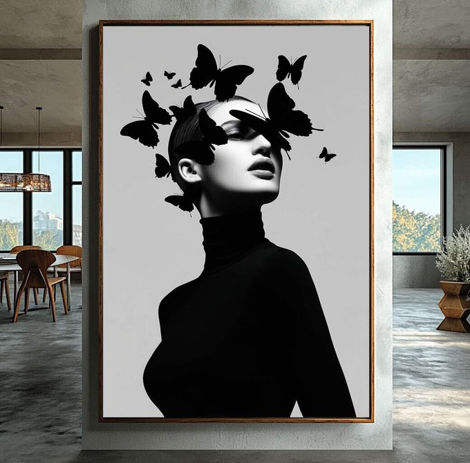 Quadro Decorativo Minimalista com Borboletas | quadros decorativos para sala | Silhueta feminina em preto com borboletas em voo sobre a cabeça em composição vertical. | Porao dos Quadros
