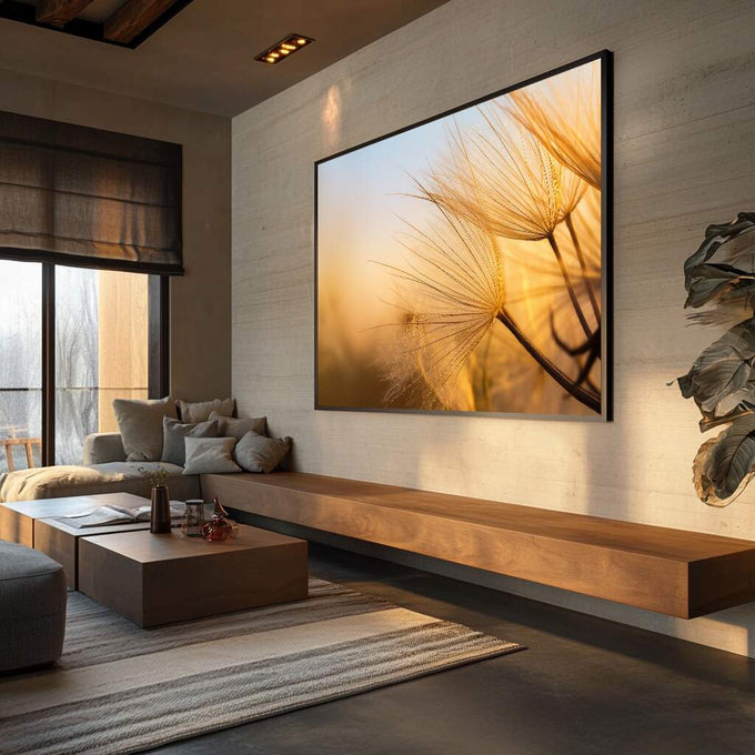 Quadro Decorativo Flores Serenas | quadros decorativos para sala | Dente-de-leão dourado com luz natural ao entardecer, sementes em detalhe preciso | Porao dos Quadros