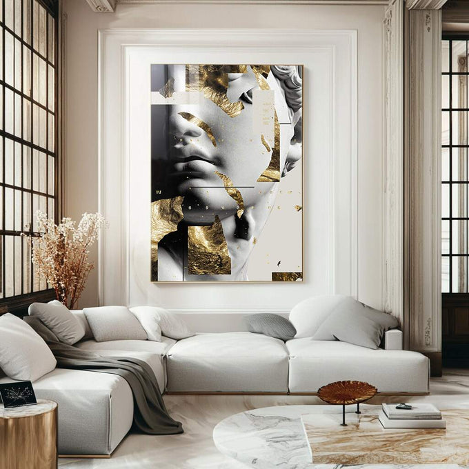 Quadro Retrato Moderno com Toque Dourado | quadros decorativos para sala | Rosto fragmentado em painéis sobrepostos com acentos dourados em preto e branco | Porao dos Quadros