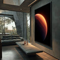 Quadro Decorativo Planeta Místico | quadros decorativos para sala | Planeta incandescente em laranja e preto flutuando em espaço cósmico escuro. | Porao dos Quadros