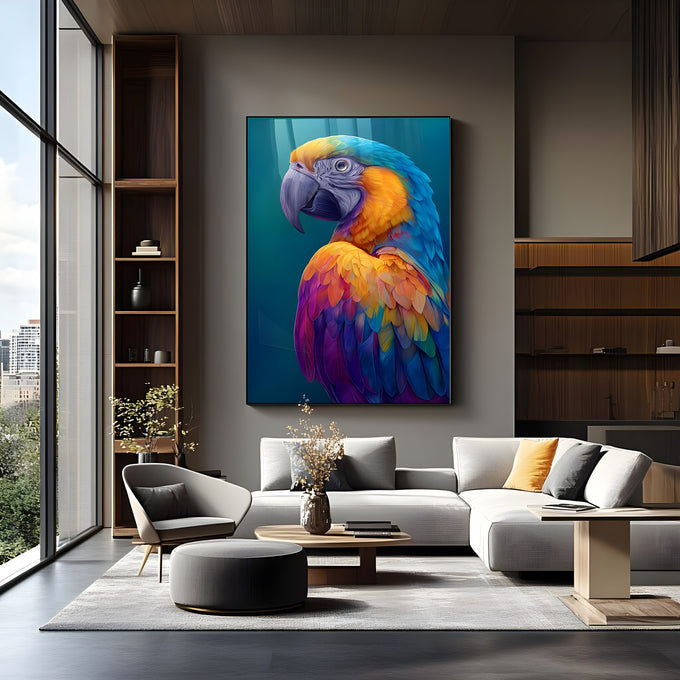 Arara de perfil com penas azuis, amarelas, laranja e roxas sobre fundo azul-petróleo, quadro decorativo
