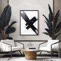Quadro Decorativo Pincelada em Preto e Branco | quadros decorativos para sala | X em traços pretos e cinzentos sobre fundo branco com composição abstrata expressiva. | Porao dos Quadros