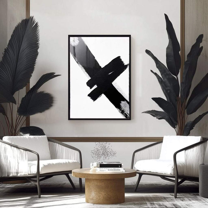 Quadro Decorativo Pincelada em Preto e Branco | quadros decorativos para sala | X em traços pretos e cinzentos sobre fundo branco com composição abstrata expressiva. | Porao dos Quadros