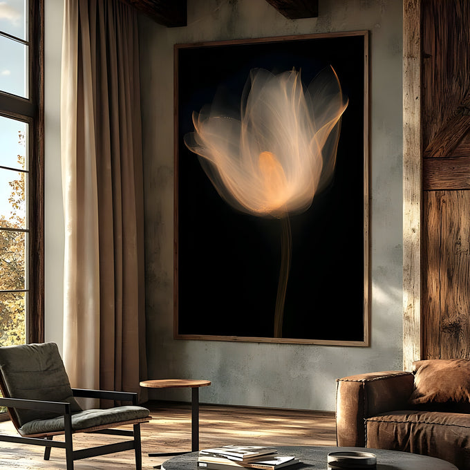Tulipa etérea em tons dourados e pêssego com pétalas translúcidas sobre fundo preto, quadro decorativo
