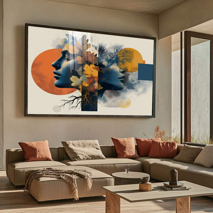 Quadro Decorativo Minimalista da Natureza Harmônica | quadros decorativos para sala | Dois perfis entrelaçados com flores douradas, árvores e raízes em tons laranja, azul e terrosos | Porao dos Quadros
