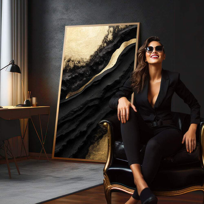 Quadro Decorativo Luxo Ouro e Preto Moderno | quadros decorativos para sala | Composição abstrata com fluxos de preto e dourado em texturas dinâmicas e gestuais | em Quadros para Sala | Porao dos Quadros