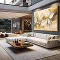 Quadro Decorativo Folhas Elegantes | quadros decorativos para sala | Flores bege e dourado em aquarela delicada com luz etérea e composição elegante. | em Quadros para Sala | Porao dos Quadros