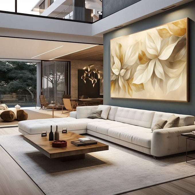Quadro Decorativo Folhas Elegantes | quadros decorativos para sala | Flores bege e dourado em aquarela delicada com luz etérea e composição elegante. | em Quadros para Sala | Porao dos Quadros