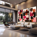 Quadro Decorativo Três Painéis Abstrato | quadros decorativos para sala | Composição abstrata com formas geométricas em rosa, laranja, marrom e preto sobre fundo claro | em Quadros para Sala | Porao dos Quadros