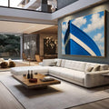 Quadro Decorativo Navegação Tranquila Marítima | quadros decorativos para sala | Proa de barco azul e branco com corrente de âncora contra céu nublado. | em Quadros para Sala | Porao dos Quadros