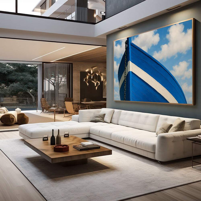 Quadro Decorativo Navegação Tranquila Marítima | quadros decorativos para sala | Proa de barco azul e branco com corrente de âncora contra céu nublado. | em Quadros para Sala | Porao dos Quadros