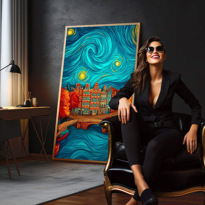 Quadro Decorativo Cidade Sob o Céu Noturno | quadros decorativos para sala | Céu azul com espirais douradas sobre prédios de Amsterdã com iluminação quente e vibrante | em Quadros para Sala | Porao dos Quadros