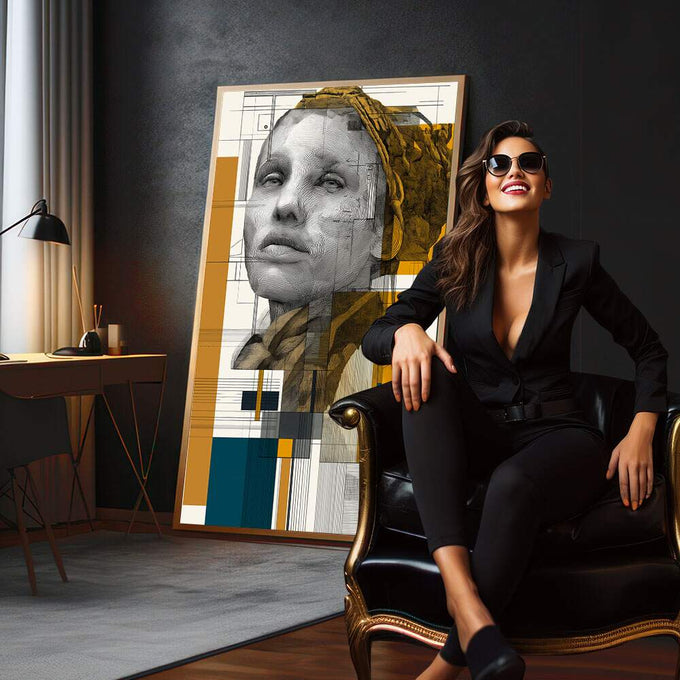 Quadro Decorativo - Retrato Feminino Luz e Reflexão | quadros decorativos para sala | Retrato feminino geométrico em amarelo, preto e branco com linhas arquitetônicas | em Quadros para Sala | Porao dos Quadros