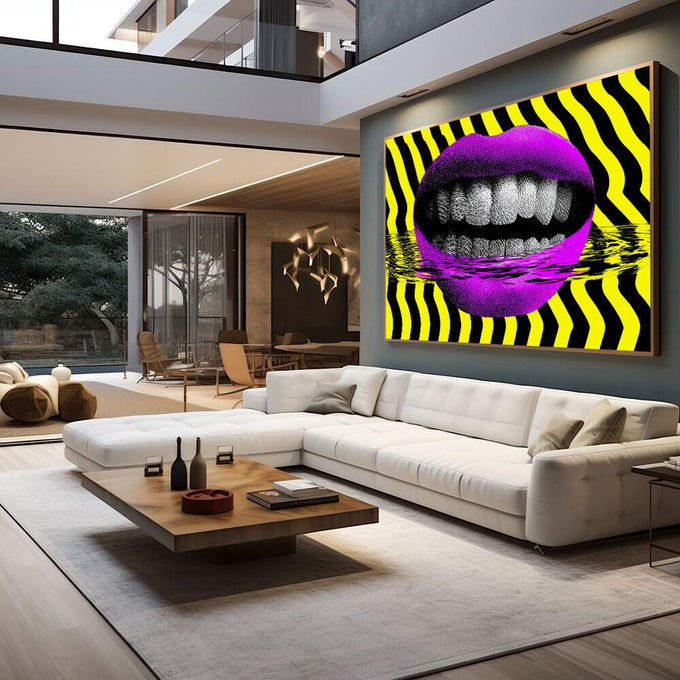 Quadro Decorativo Boca Vibrante | quadros decorativos para sala | Boca rosa e magenta com padrão geométrico amarelo e preto em composição digital contemporânea | em Quadros para Sala | Porao dos Quadros