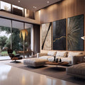 Quadro Decorativo Deslumbre Dourado Luxo e Sofisticação | quadros decorativos para sala | Três telas com composição abstrata de linhas geométricas em preto, bege e dourado | em Quadros para Sala | Porao dos Quadros