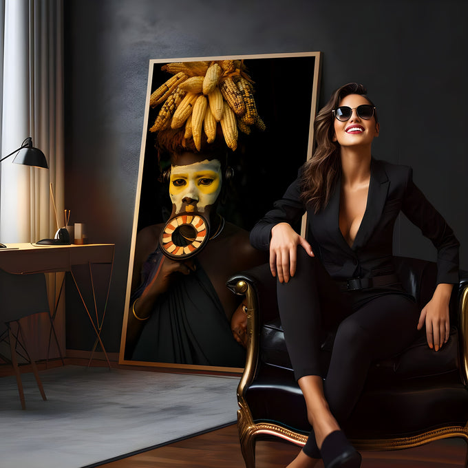 Mulher africana com pintura facial, milho na cabeça e bebê no colo em fundo preto, quadro decorativo