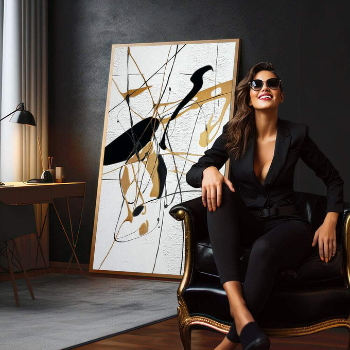 Quadro Decorativo Traços de Ouro | quadros decorativos para sala | Composição abstrata com formas preto e dourado entrelaçadas em linhas geométricas dinâmicas. | em Quadros para Sala | Porao dos Quadros