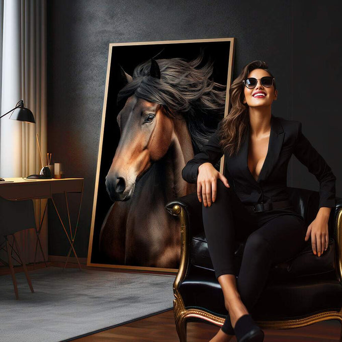 Quadro Decorativo Cavalo Majestoso | quadros decorativos para sala | Cavalo marrom com crina preta fluida em retrato artístico com fundo escuro e iluminação dramática. | em Quadros para Sala | Porao dos Quadros