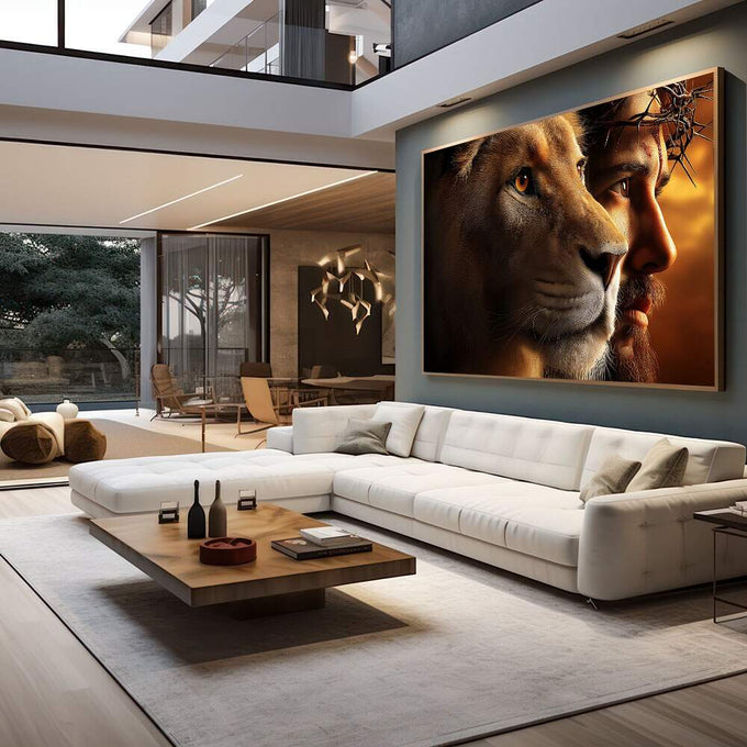 Quadro Decorativo Majestoso: Leão e Jesus Cristo | quadros decorativos para sala | Homem e leão em sobreposição com coroa de espinhos, iluminados em tons dourados e marrom quente. | em Quadros para Sala | Porao dos Quadros