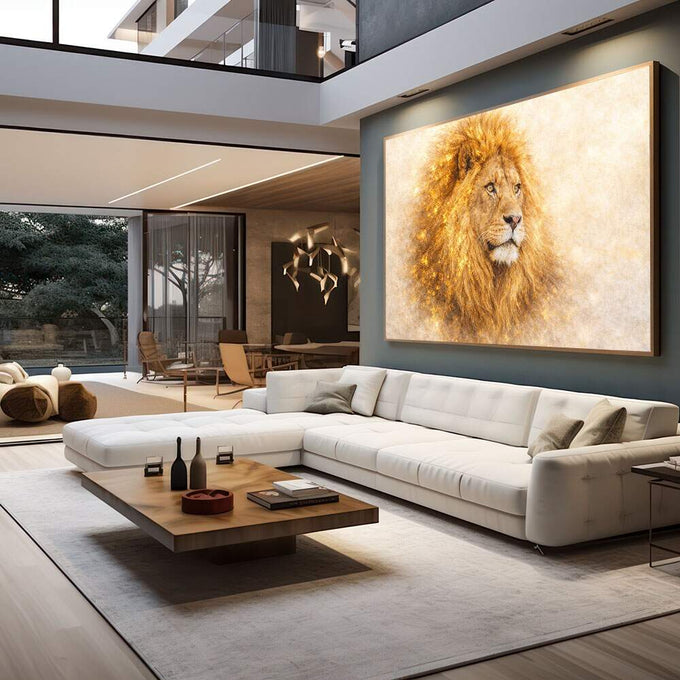 Quadro Decorativo Leão Majestoso | quadros decorativos para sala | Leão majestoso em tons dourados e aquarela com crina fluida e olhar penetrante. | em Quadros para Sala | Porao dos Quadros
