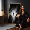 Quadro Decorativo Avião em Cidade Moderna | quadros decorativos para sala | Avião em voo entre edifícios altos em perspectiva com luz radiante em preto e branco puro. | em Quadros para Sala | Porao dos Quadros