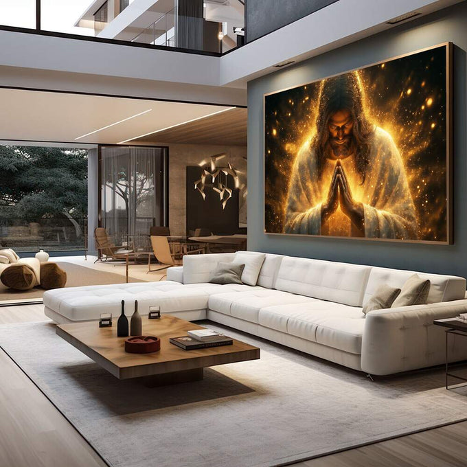 Quadro Decorativo Aura de Luz Dourada | quadros decorativos para sala | Figura divina em oração envolvida em aura dourada luminosa com partículas brilhantes | em Quadros para Sala | Porao dos Quadros