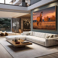 Quadro Decorativo Cavalo em Campo Sereno | quadros decorativos para sala | Cavalo dourado em pé em campo aberto ao pôr do sol com céu coral e laranja queimado ao fundo. | em Quadros para Sala | Porao dos Quadros