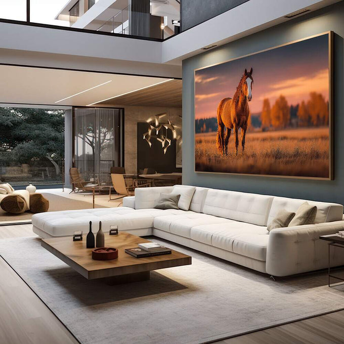 Quadro Decorativo Cavalo em Campo Sereno | quadros decorativos para sala | Cavalo dourado em pé em campo aberto ao pôr do sol com céu coral e laranja queimado ao fundo. | em Quadros para Sala | Porao dos Quadros